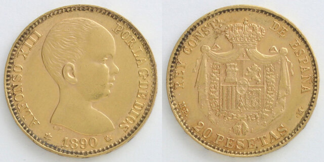 スペイン 1890 20ペセタ アルフォンソ13世