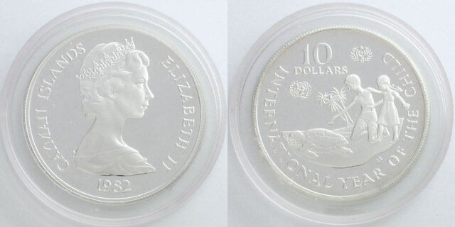 英領ケイマン諸島 1982 10ドル銀貨 エリザベス2世／浜辺の子供たち