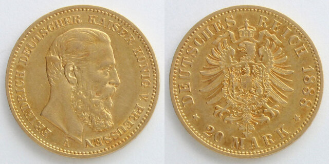 ドイツ帝国 プロイセン王国 1888 20マルク金貨 フリードリヒ3世