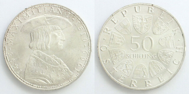 オーストリア 1969 50シリング銀貨 マクシミリアン1世