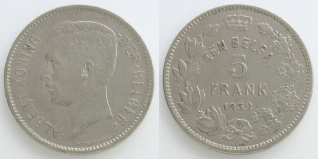 ベルギー 1932 1ベルガ=5フラン アルベール1世