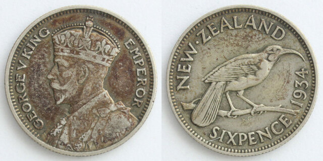 ニュージーランド 1934 6ペンス銀貨 ジョージ5世／フイアバード