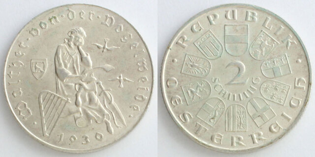 オーストリア 1930 2シリング銀貨 フォーゲルヴァイデ