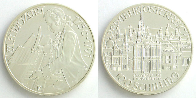 オーストリア 1991 100シリング銀貨 モーツァルト