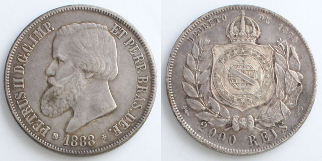 『NGC AU58』ブラジルペドロ2世2000レイス銀貨(1889年) ブラジル帝国 1888 2000レイス銀貨 ペドロ2世