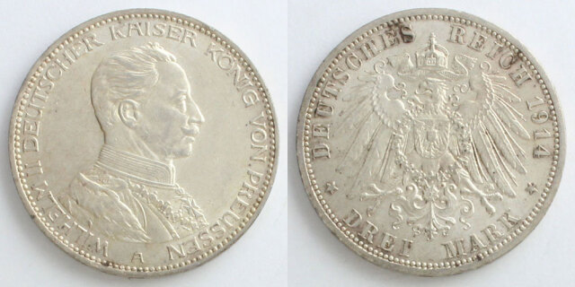 ドイツ　プロイセン王国　3マルク銀貨　希少 ドイツ帝国 プロイセン王国 1914 3マルク銀貨 ヴィルヘルム2世