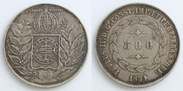 4083.　銀貨　美品　貴重　1908年　ブラジル　500レイス　海外硬貨 ブラジル帝国 1851 500レイス銀貨