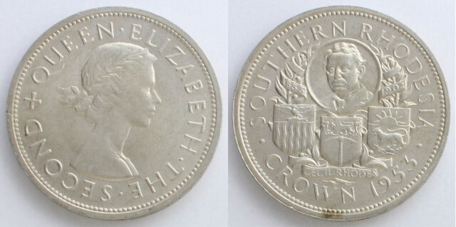 稀少　英国領南ローデシア　エリザベス２世　１クラウン記念銀貨　１９５３ 英領南ローデシア 1953 クラウン銀貨 エリザベス2世／セシル・ローズ