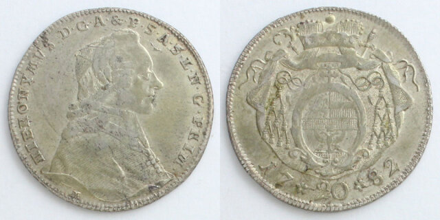 1783年オーストリア　ザルツブルク ヒエロニムス コロレド20クロイツァー銀貨 オーストリア ザルツブルク 1782 20クロイツァー銀貨