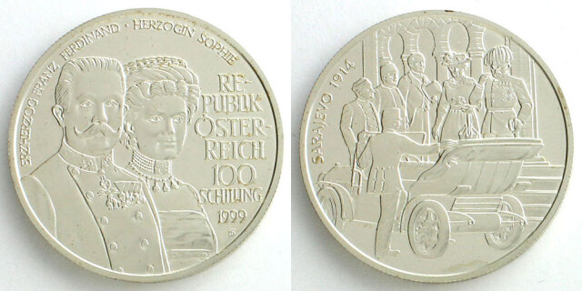 オーストリア 1999 100シリング銀貨 フランツ・フェルディナント大公夫妻