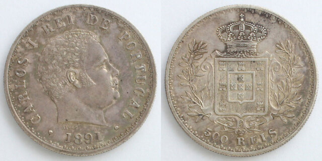 ポルトガル 500レイス 銀貨 1896年 カルロス一世 ポルトガル 500レイス 銀貨 1896年 カルロス一世 1892