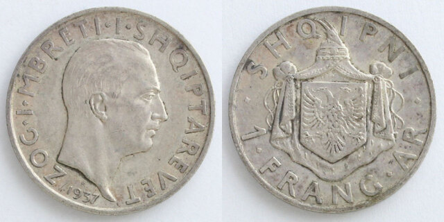 アルバニア王国 1937 1フラング・アリ銀貨 ゾグ1世