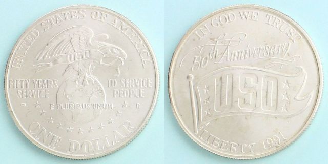 アメリカ合衆国 1991 1ドル銀貨 米軍慰問団創設50周年記念