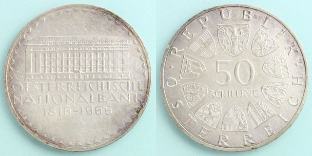 オーストリア 1966 50シリング銀貨 オーストリア国立銀行創設150