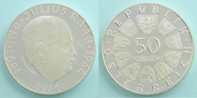 本物冷戦時代オーストリア1949-1974建国25周年50シリング記念銀貨　純銀 本物冷戦時代オーストリア1949-1974建国25周年50シリング記念