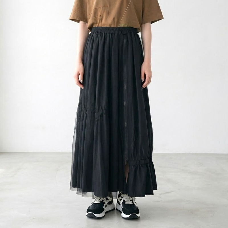 チュール切替ナイロン風スカート
