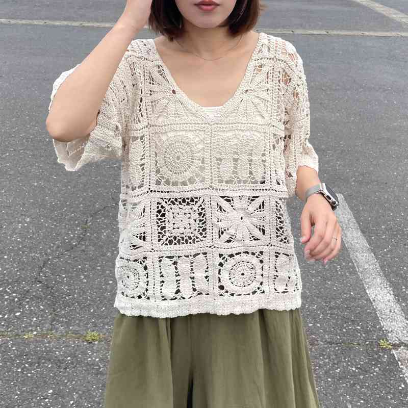 美品】GANNI クロシェノースリーブクロップド プルオーバー