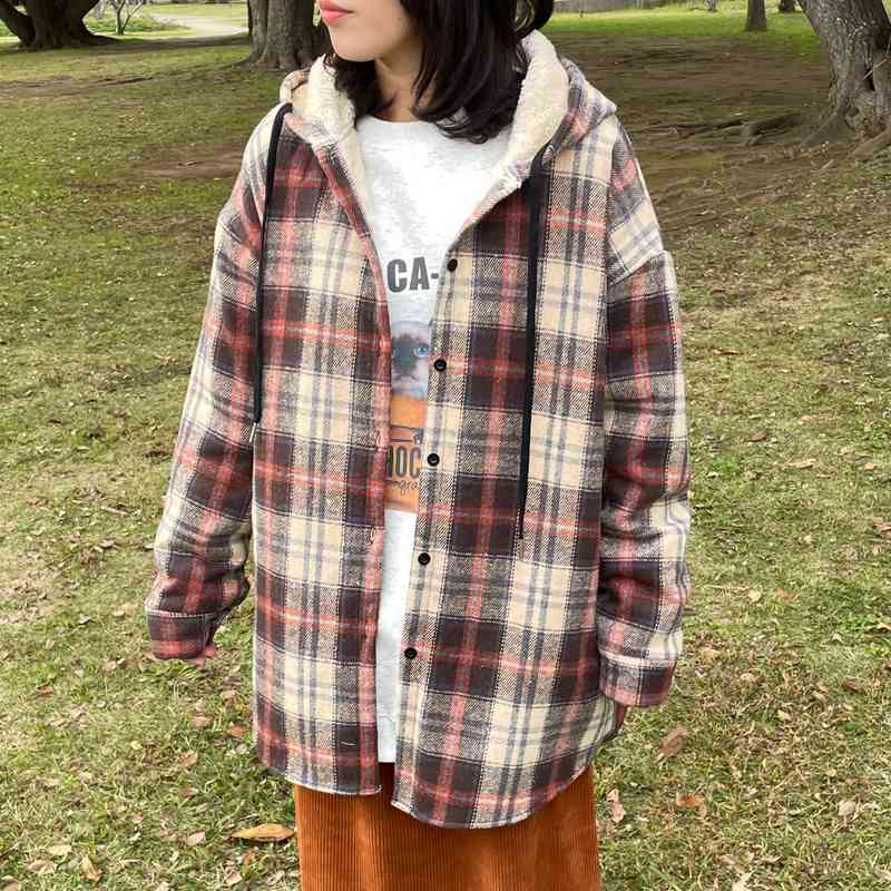 暖チェックフードシャツ