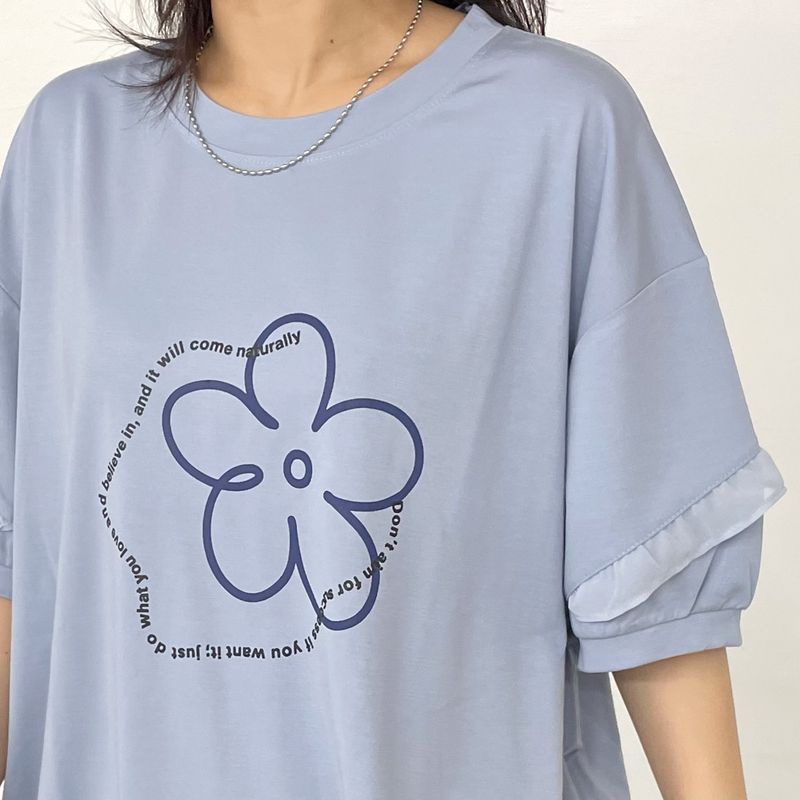 袖フリル花モチーフT