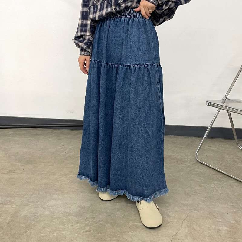 フリンジデニムティアードスカート