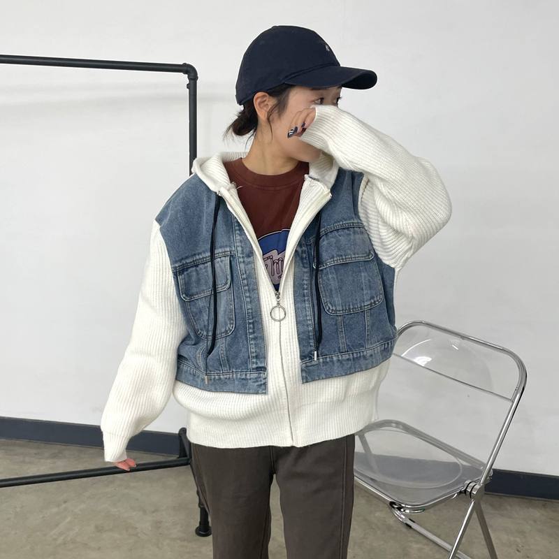 デニム切替ニットパーカー