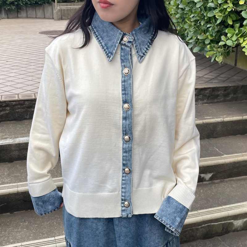 襟デニム切替ニットカーディガン