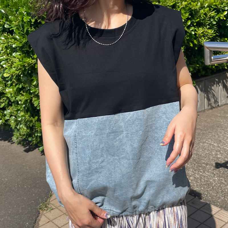 デニム切替ノースリプルオーバー