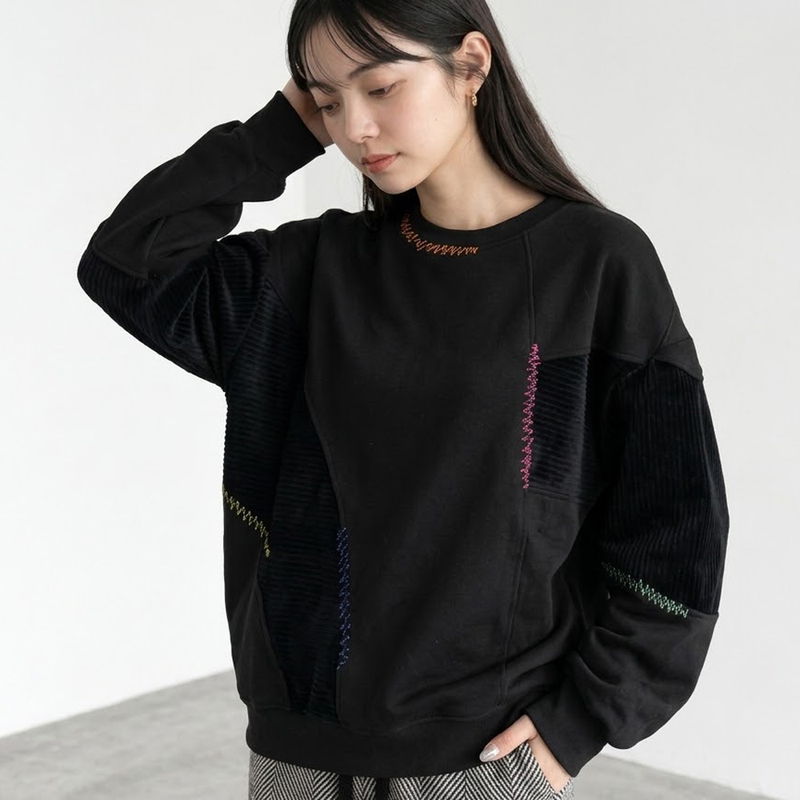 コーデュロイ切替ステッチプルオーバー