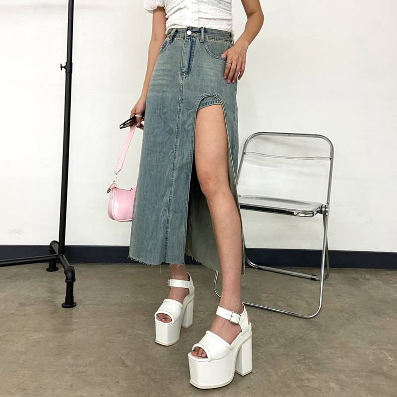 デニムタックギャザースカート[ウエストゴム]（WOMENボトムス