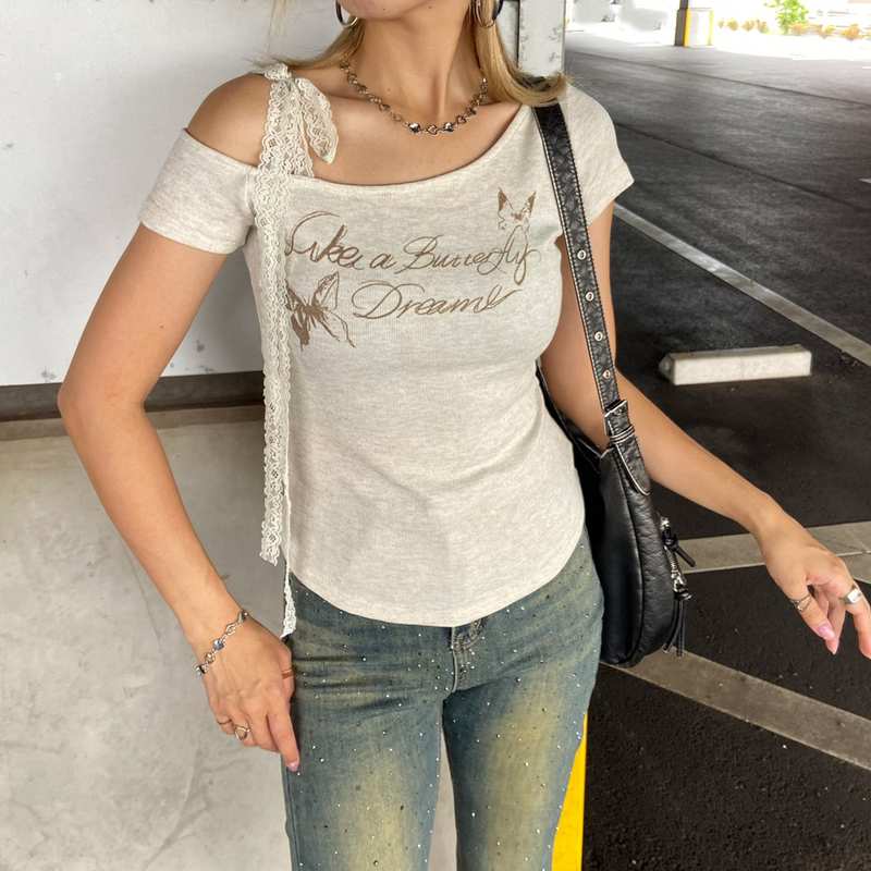 レース紐ワンショルダートップス