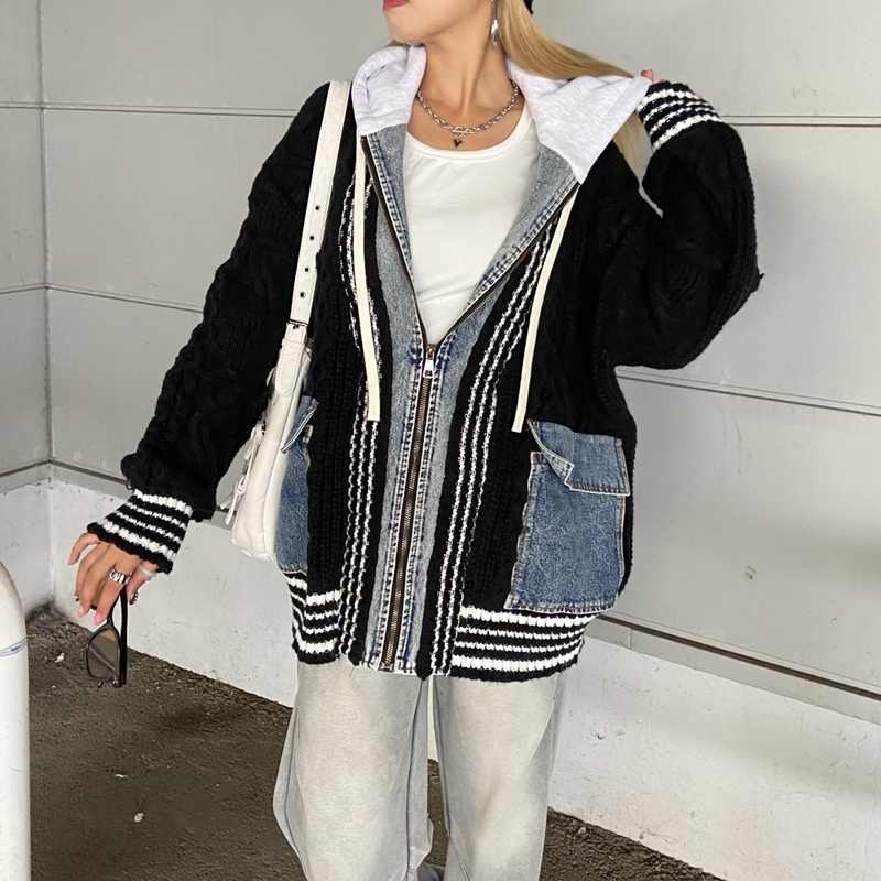 【美品】ダイアグラム ケーブルニット 切り替え デニムジャケット 異素材 non-hedge ケーブルニットデニム切替フード|TiMTiMオンラインストア