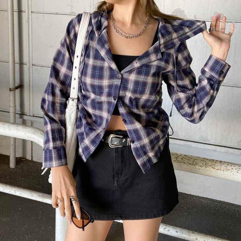 チェックフードドロストシャツ