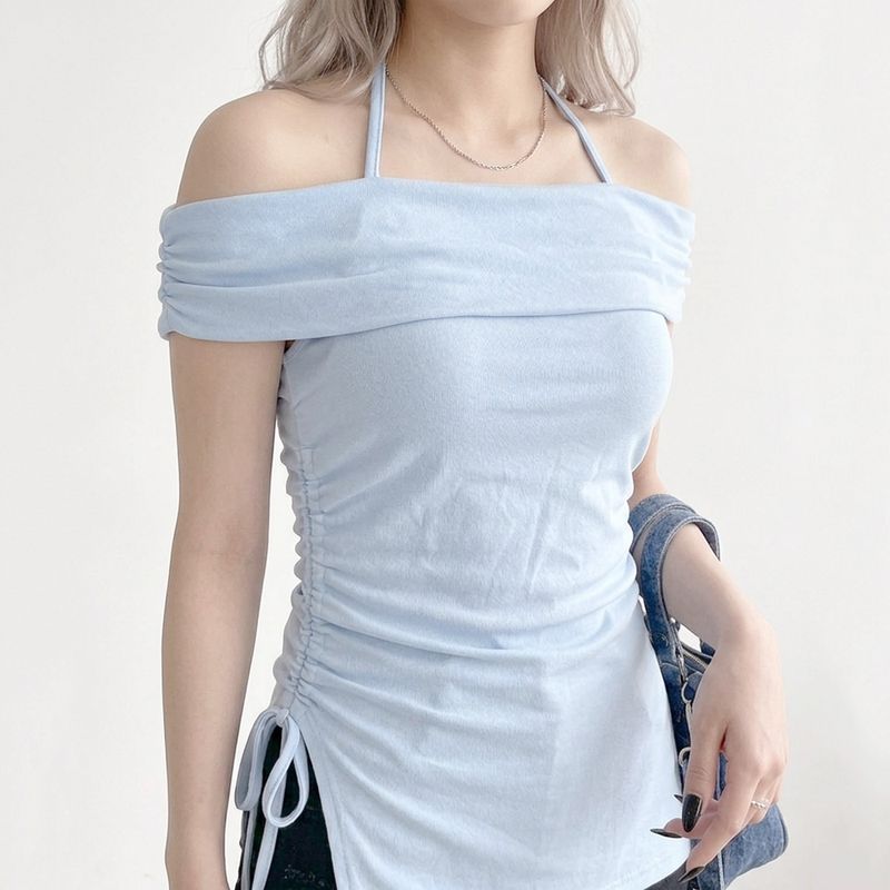 スリットドロストオフショルダートップス