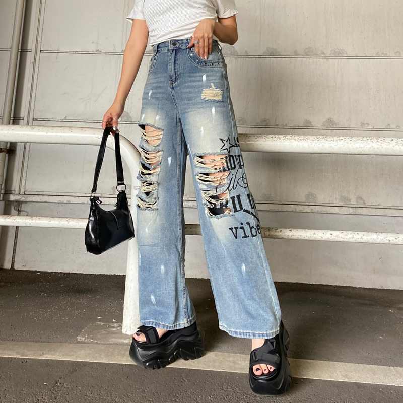 デニムロゴダメージストレートパンツ