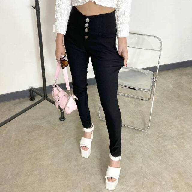 ストレッチハイウエスト ボタンスキニーパンツ