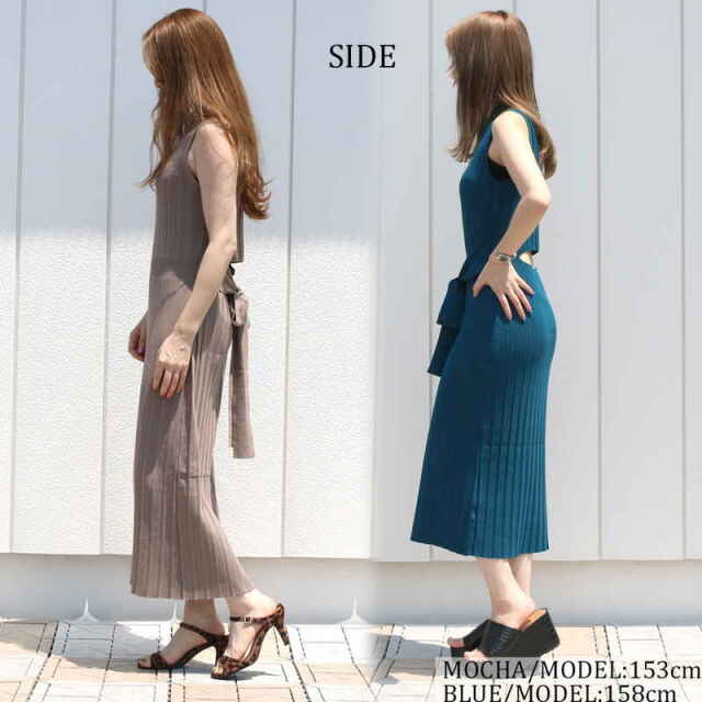 リブハイネックノースリリボンワンピース