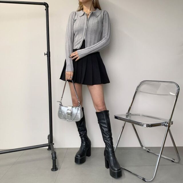 ダブルZIP襟付きニットトップス