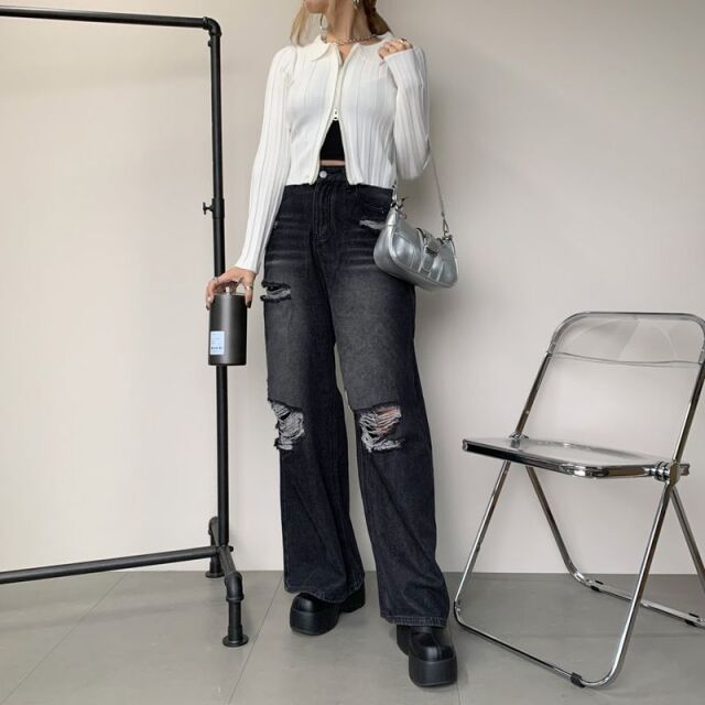 ダブルZIP襟付きニットトップス