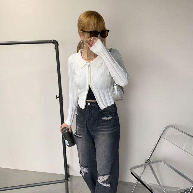 ダブルZIP襟付きニットトップス