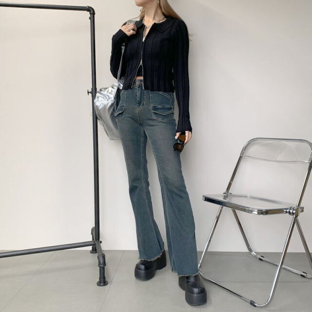 ダブルZIP襟付きニットトップス