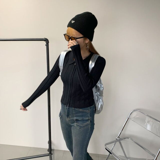 ダブルZIP襟付きニットトップス