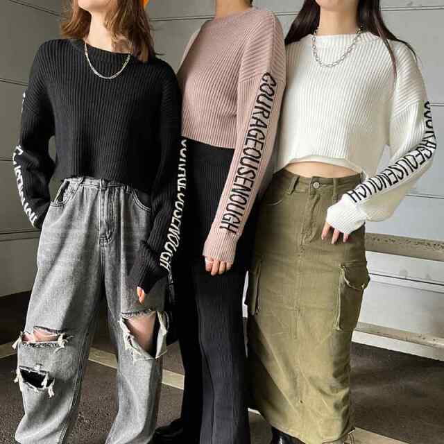 袖ロゴリブニットショートプルオーバー