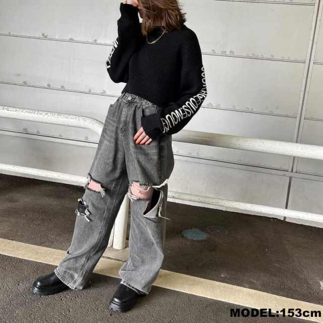袖ロゴリブニットショートプルオーバー