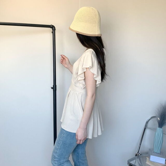 両Vネック袖フリルペプラムチュニック