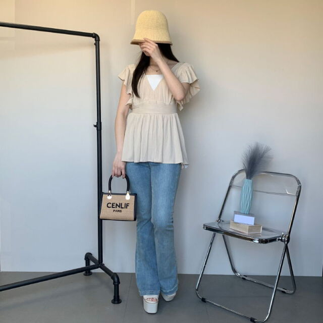 両Vネック袖フリルペプラムチュニック