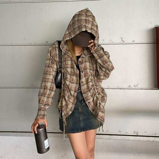 チェックフードドロストシャツ