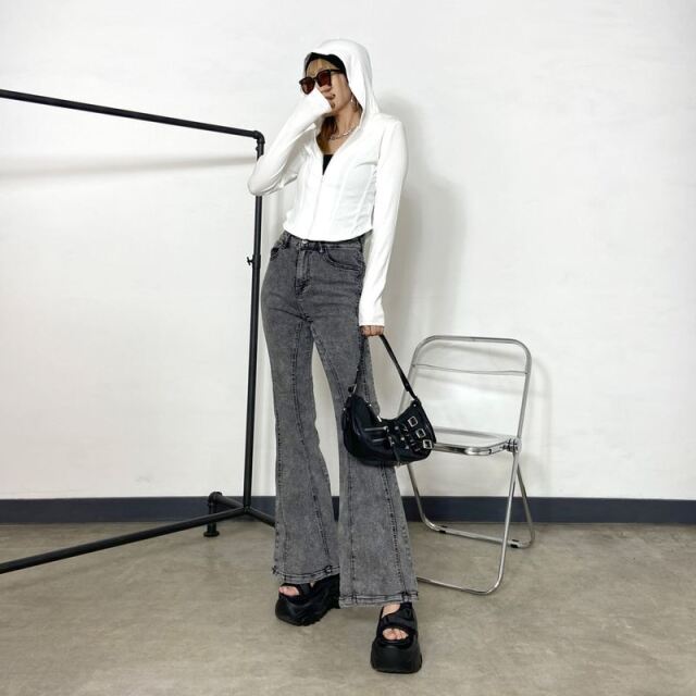 切替デニムフレアパンツ