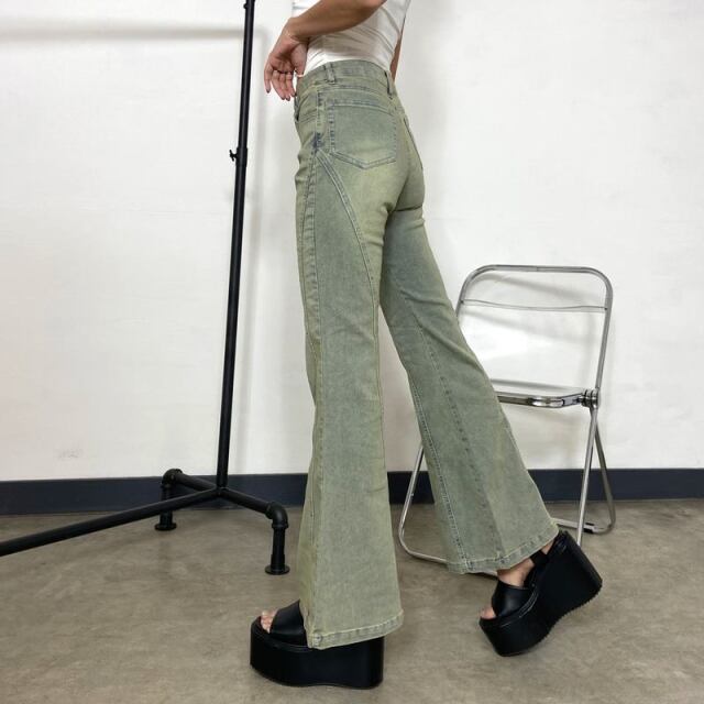 切替デニムフレアパンツ