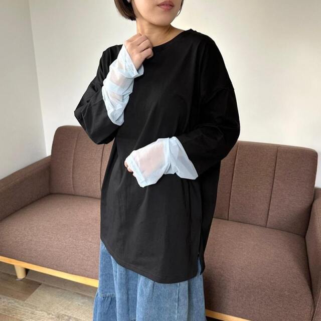 袖シアー切替ロンT