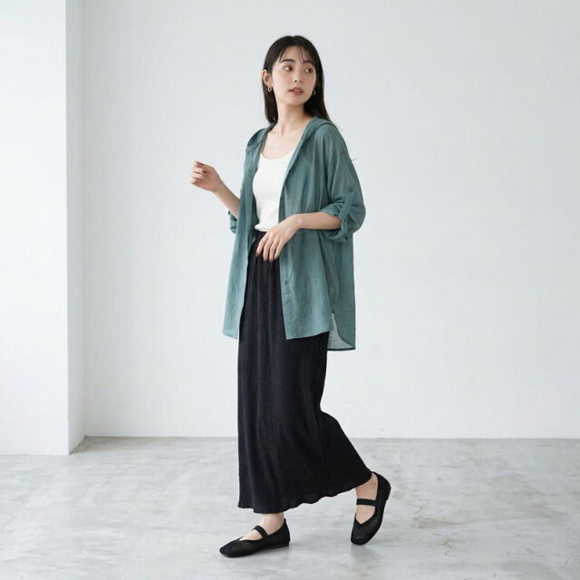 袖ロールシアーフードシャツ